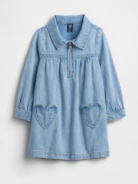 GAP Girls Blue Denim Heart Pocket Half Zip Long Sleeve Dress 4T / 4 Years